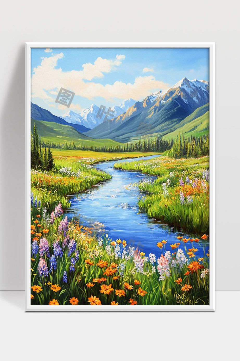 青山绿水花海环绕的宁静溪流美景