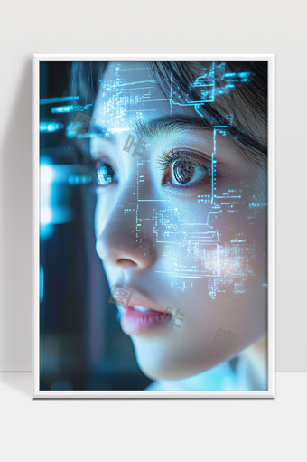 未来科技感女性智能视觉数字化面部识别特写