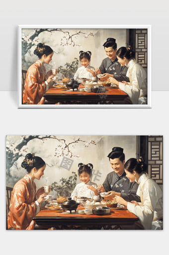 传统汉服家庭团圆温馨共享中华美食时光