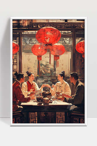 古代喜庆聚餐场景红灯笼映照温馨氛围