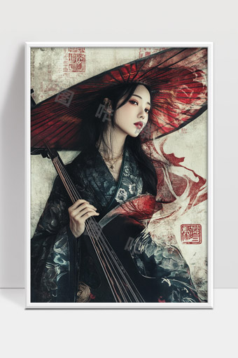 古风佳人手持琵琶绣花长袍红伞意境唯美