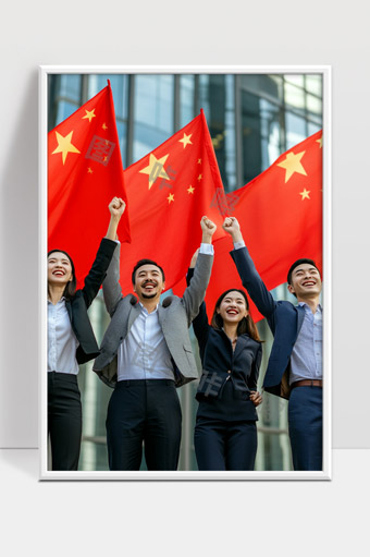 年轻职场人士手持五星红旗展示爱国热情