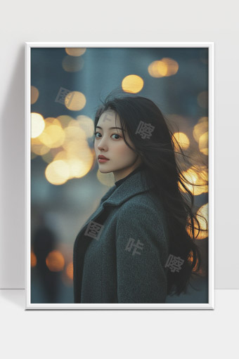 夜幕下都市女性长发飘逸温柔深邃眼神写真