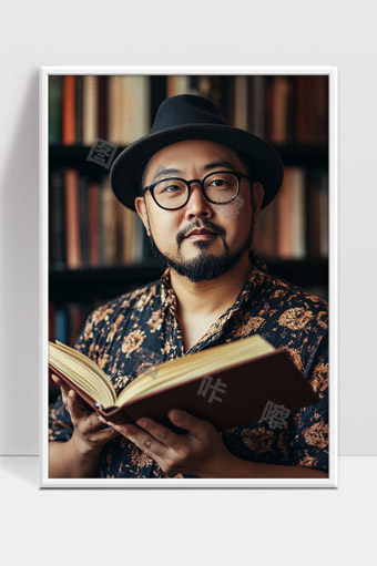 穿着印花衬衫戴墨镜的男士手持书籍的肖像照
