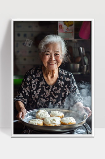 笑容满面的老奶奶快乐烹饪传统美食场景