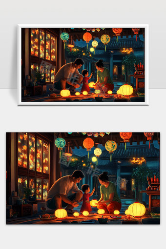 温馨家庭夜晚赏灯共度中秋团圆时光