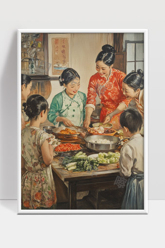 中国家庭传统节日团聚准备丰盛佳肴温馨欢乐场景