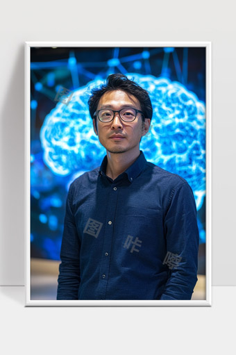 科技专家站立在大脑模型前思考未来人工智能发展