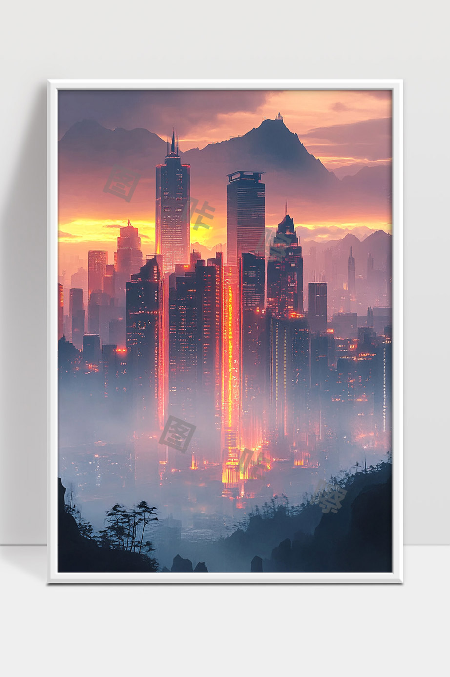 夕阳映照现代城市高楼与远山迷雾交融美景