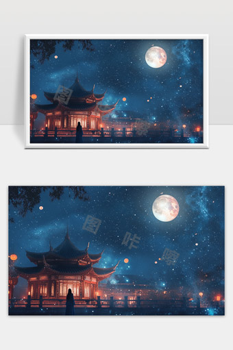 古风夜景下明月和传统建筑的唯美画面