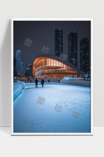 冬夜城市现代建筑与雪地景观融合之美
