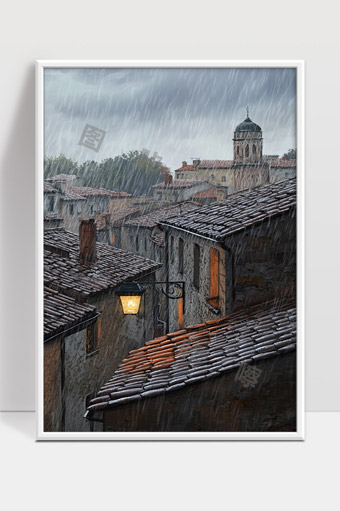 雨中古镇的宁静黄昏与灯光温暖