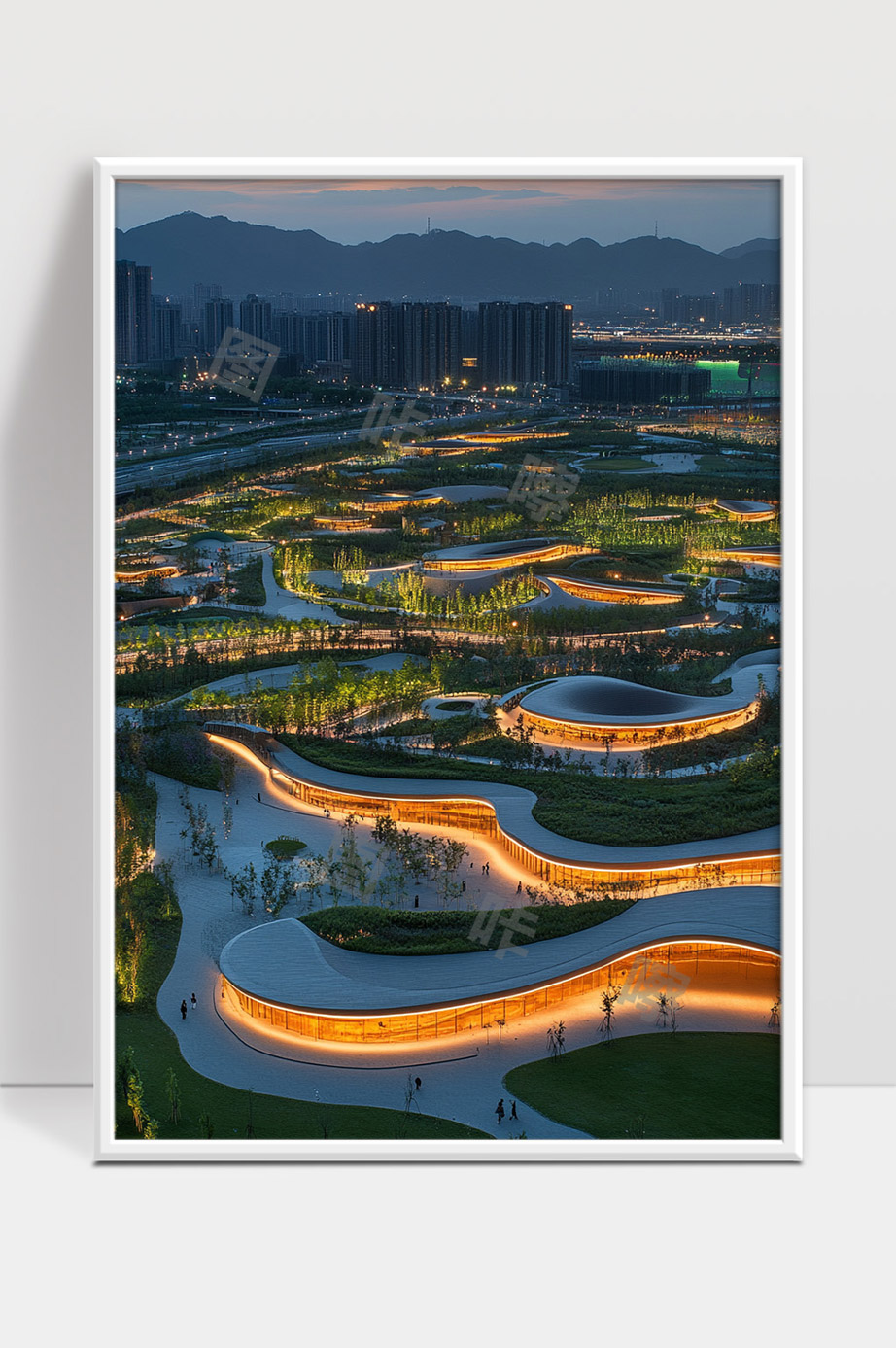 现代城市夜景下蜿蜒曲折的生态园林景观灯光秀