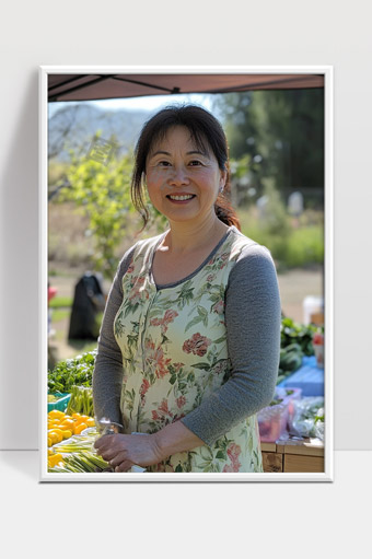 微笑的女性农夫在户外农贸市场售卖绿色蔬菜