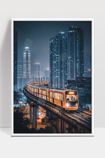 夜晚都市轨道交通高架轻轨列车穿行城市风光