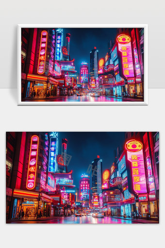 霓虹灯下繁华都市夜景街道车流人群