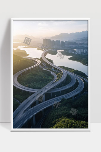 现代城市高架桥与自然山水和谐共融景观