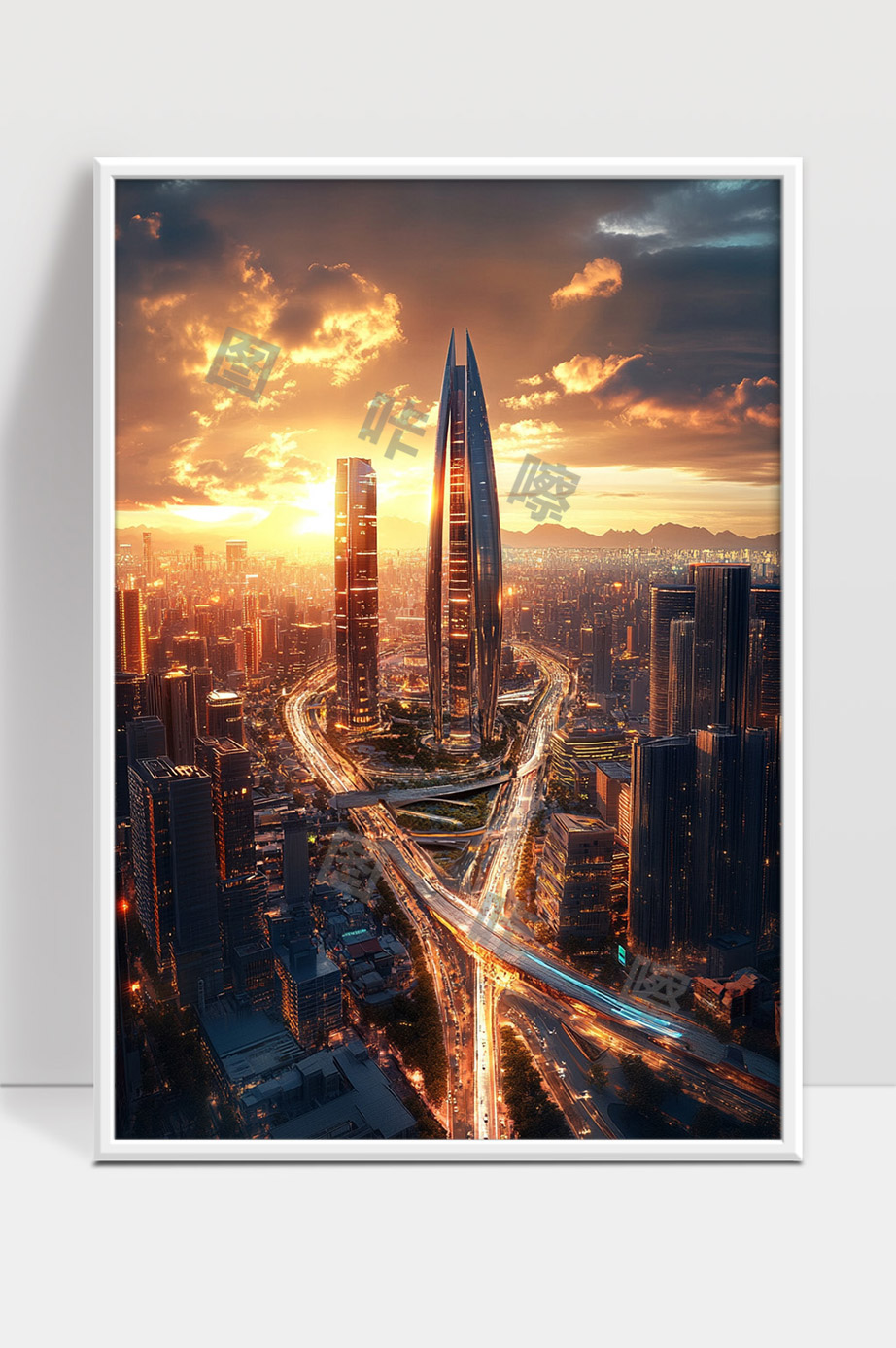 夕阳映照下的现代城市高楼与立交桥夜景