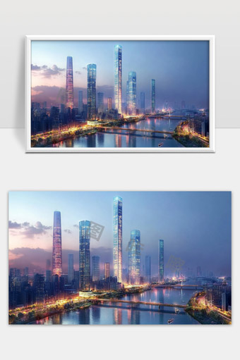 现代都市夜景璀璨高楼与江河美丽灯光映照
