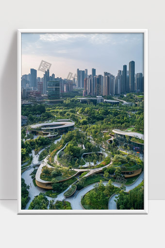 现代城市绿色生态公园与高楼建筑融合景观