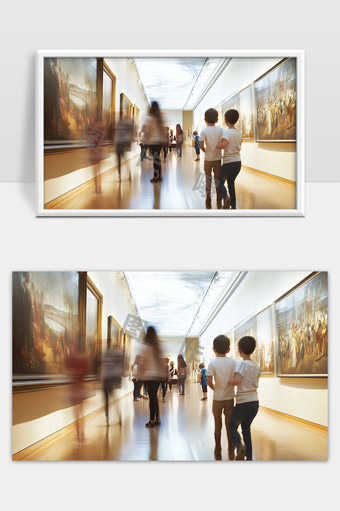 博物馆艺术展览游览儿童观赏绘画作品