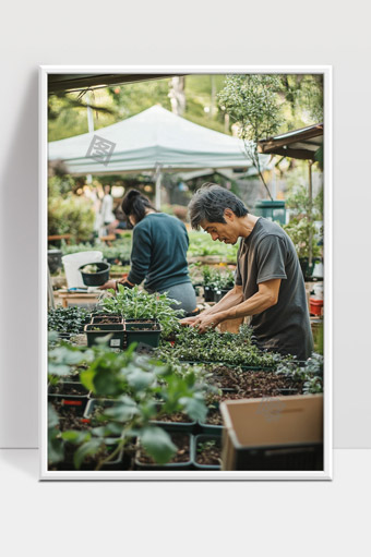 花园中专注整理植物的中年男女园艺师