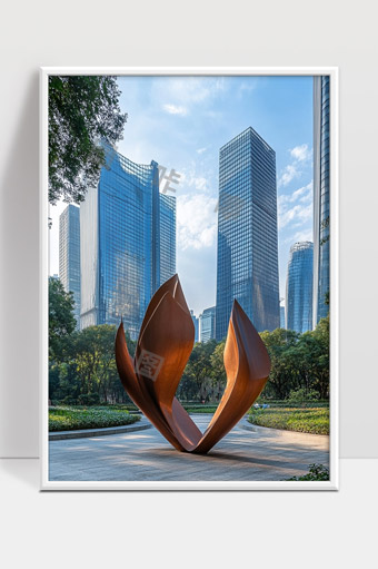 现代城市公园中的抽象雕塑与高楼建筑景观