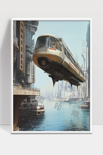 未来科技飞行列车穿梭现代城市水上空中交通场景