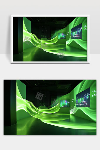 绿色光波数字艺术展览空间未来科技视觉体验
