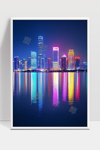灯光璀璨夜幕下的现代都市高楼夜景倒影