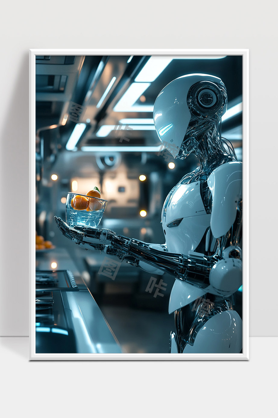 未来智能机器人在高科技厨房内操作食物的场景展示