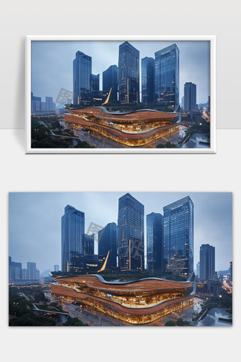 现代都市中心高楼与光影交织的城市风光夜景