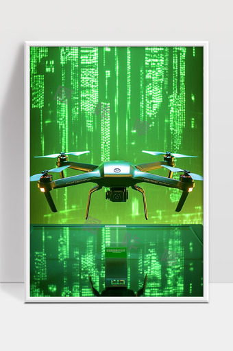 未来科技感无人机在数字矩阵背景中悬浮展示