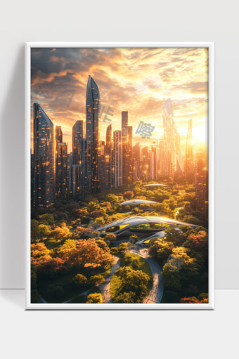 现代城市绿地融合未来科技建筑日出美景