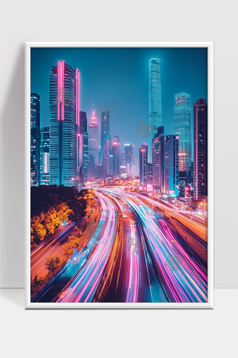 霓虹灯下繁华都市夜景长曝光光轨魅力