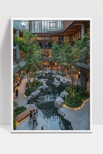 现代室内庭院水景设计融合绿色植物休闲空间
