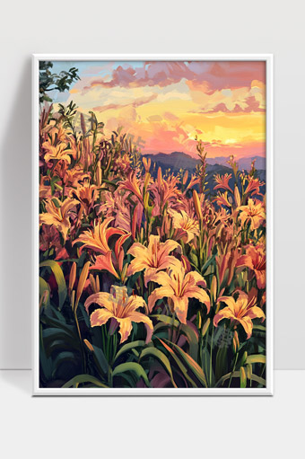 夕阳映照下的金色百合花田风景画