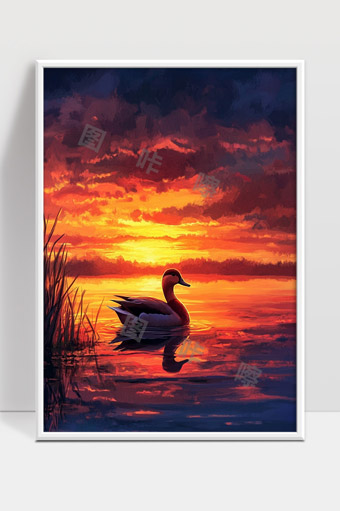 夕阳映照下水面宁静的野鸭静谧景象