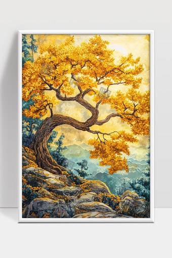 秋日山间金黄古树映照静谧自然风光