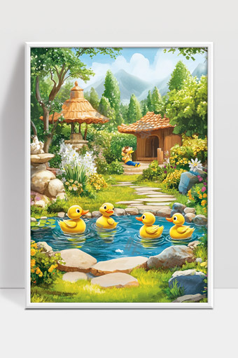 宁静乡村花园中的小鸭子和自然美景