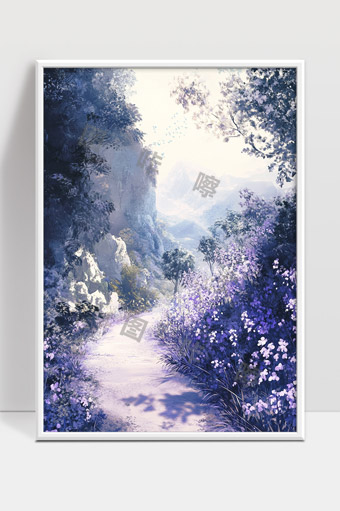 静谧山谷中紫色花海与晨光交织的梦幻小径