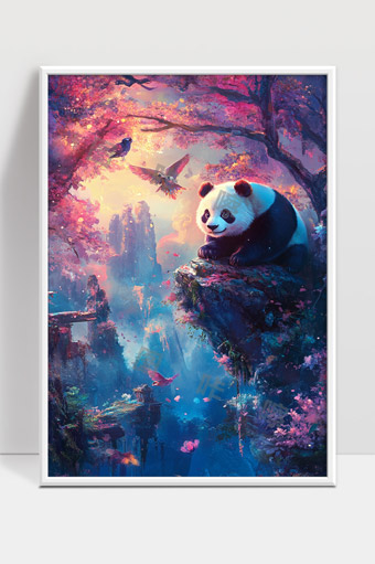 梦幻森林中俏皮大熊猫与飞鸟共舞的奇幻景象