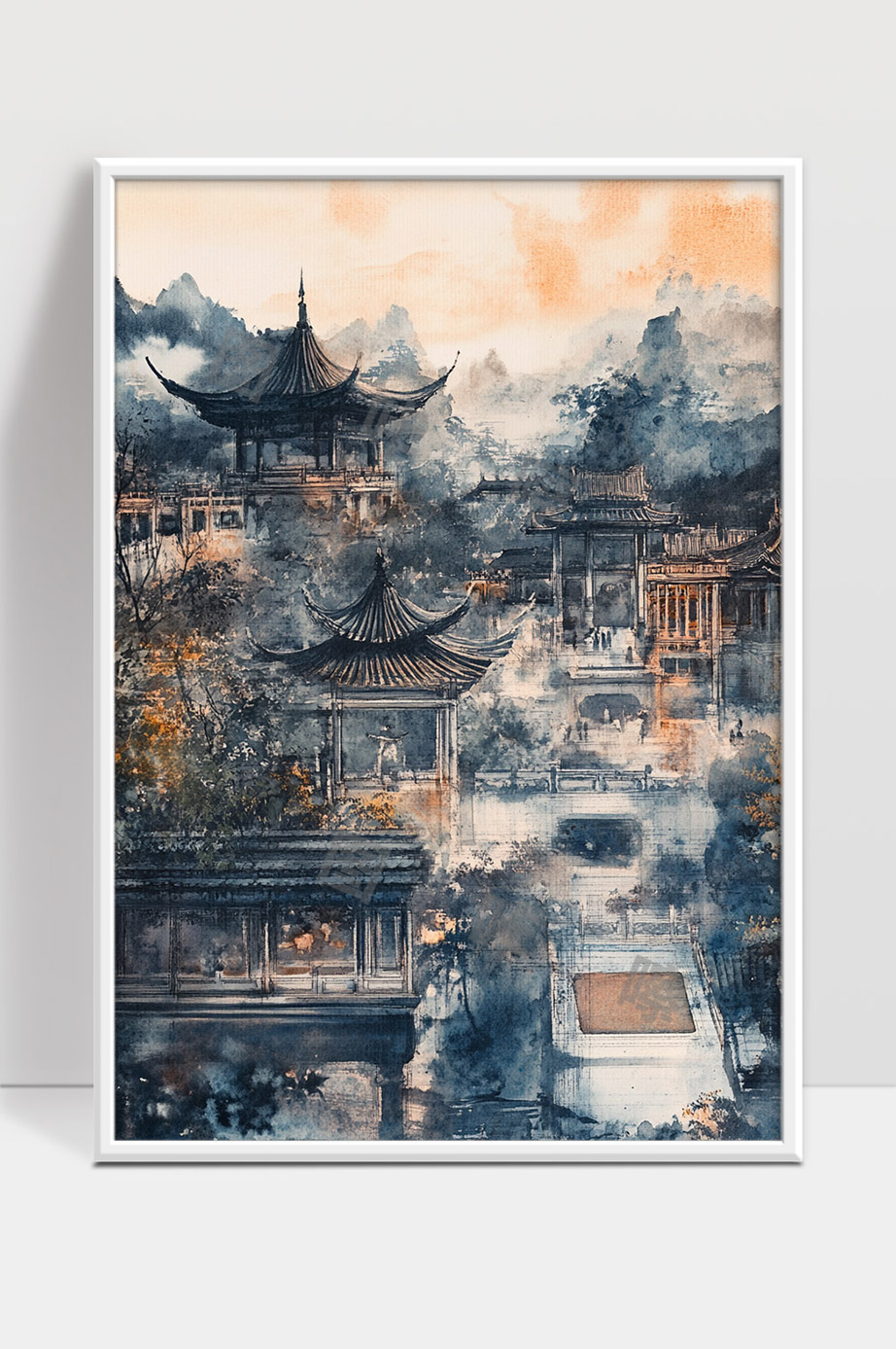 古风江南水乡夕阳下的传统建筑景色