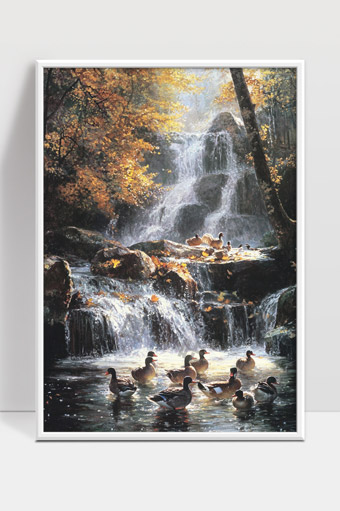秋日森林瀑布水流与野鸭和谐共处美丽景象