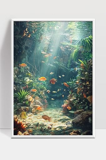 神秘热带水底世界阳光透射和五彩斑斓的鱼群