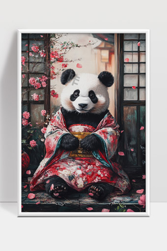 穿着和服的熊猫坐在花瓣飘落的古风庭院中