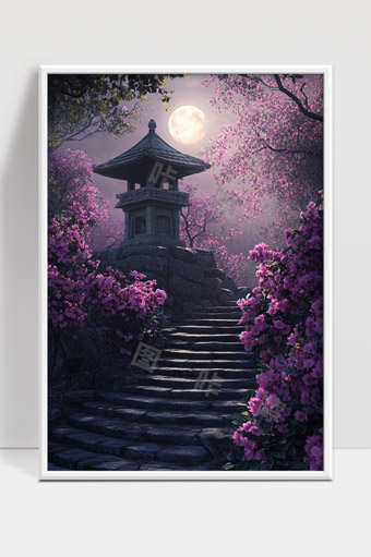月光下石阶古亭与绚烂紫色花海的静谧夜景