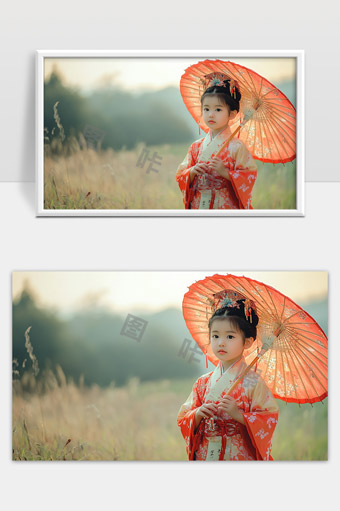 田野中穿着古风和服手持红色油纸伞的小女孩