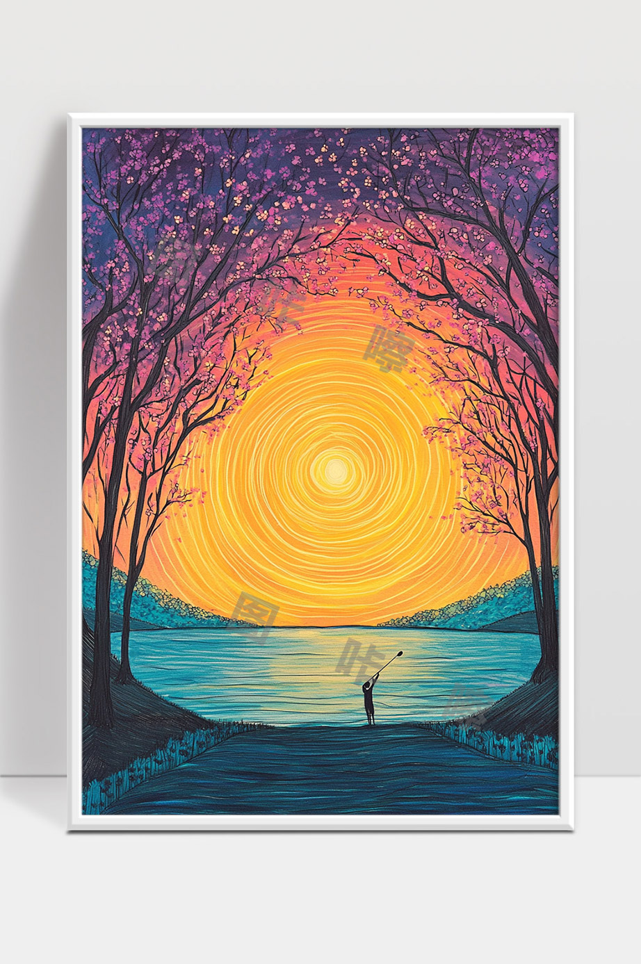 夕阳湖畔樱花树下高尔夫挥杆美景