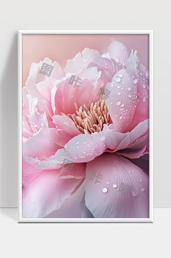 粉嫩牡丹花瓣上的晶莹露珠特写美丽绽放